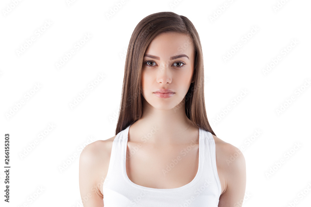 Young woman on isolated white background looking at camera. Beautiful lady close up portrait. Young woman on isolated white background looking at camera. Beautiful lady close up portrait.