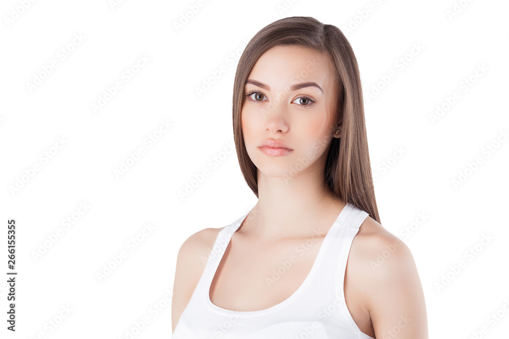 Young woman on isolated white background looking at camera. Beautiful lady close up portrait. Young woman on isolated white background looking at camera. Beautiful lady close up portrait.
