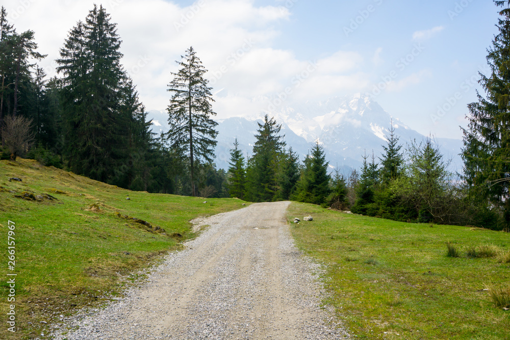Path in the Alps with a view of the Zugspitze