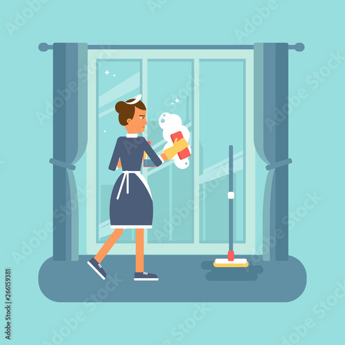 Maid washing window flat vector illustration