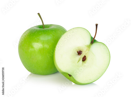 Closeup green apple with slice isolated on white background, fruit for healthy diet concept