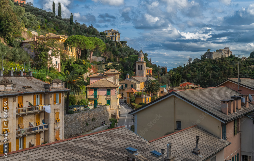 Typical italian rooftops in the brigth and colorful town Portofino in Liguria region, Italy