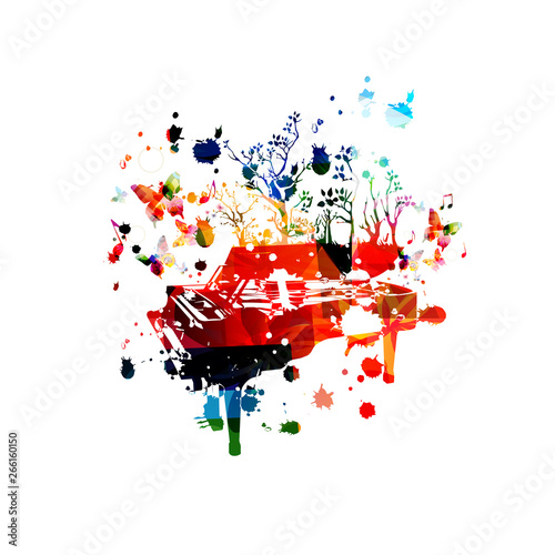 Colorful piano with trees isolated vector illustration design. Music background. Piano poster with music notes, music festival poster, live concert events, party flyer