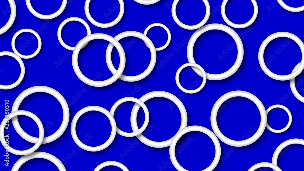 Abstract illustration of randomly arranged white rings with soft shadows on blue background Abstract illustration of randomly arranged white rings with soft shadows on blue background