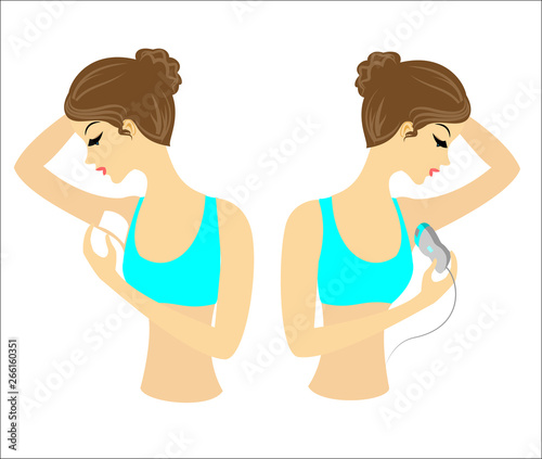 Profile of two girls. The ladies do the depilation of the underarms themselves. Remove the hair with a gel, wax and epilatory. Vector illustration
