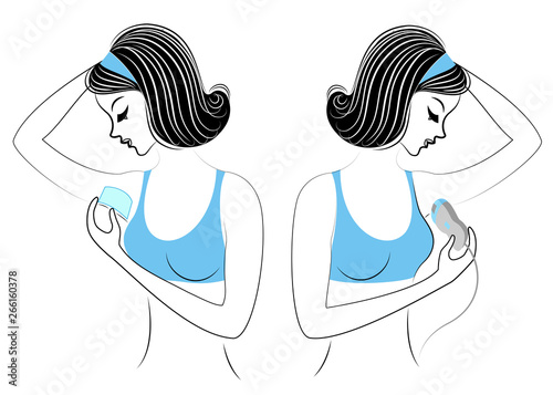 Profile of two girls. The ladies do the depilation of the underarms themselves. Remove the hair with a gel, wax and epilatory. Vector illustration