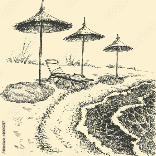Umbrellas on the beach by the sea. Summer holiday drawing
