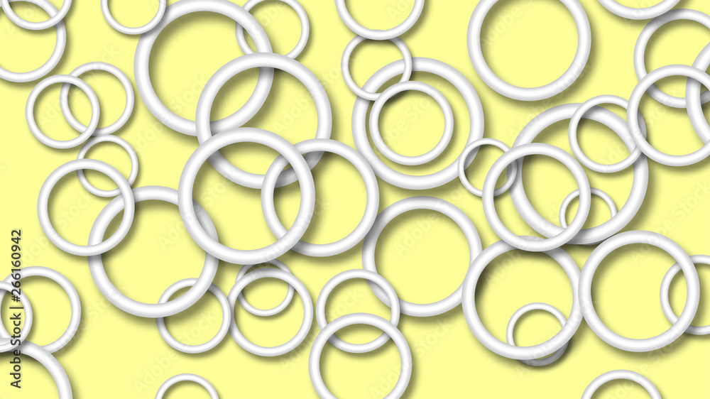 Abstract illustration of randomly arranged white rings with soft shadows on yellow background Abstract illustration of randomly arranged white rings with soft shadows on yellow background