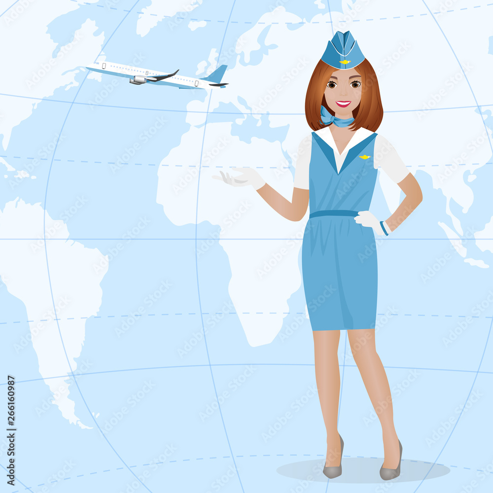 Stewardess against the background of the world map. Travel concept. Vector illustration. Stewardess against the background of the world map. Travel concept. Vector illustration.