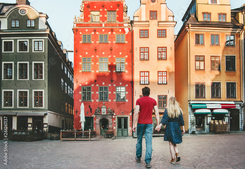 Canvas Print Couple in love traveling together in Stockholm romantic sightseeing walk  vacati
