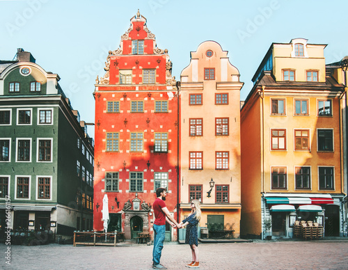 Canvas Print Couple in love holding hands together in Stockholm romantic date walk summer vac