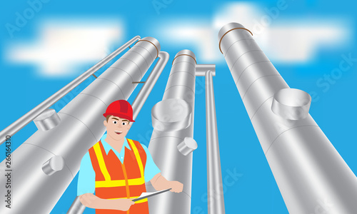 Industrial oil refinery worker site check tower at refinery plant. Oil and gas industry