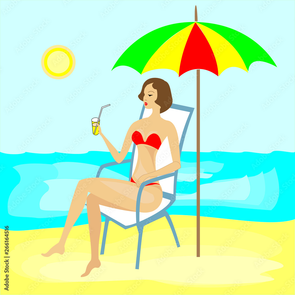 Warm summer day. A sweet lady is resting on a deckchair under an umbrella, drinking juice and sunbathing. The girl has a beautiful beautiful figure. Sand, sea, sky and sun. Vector illustration