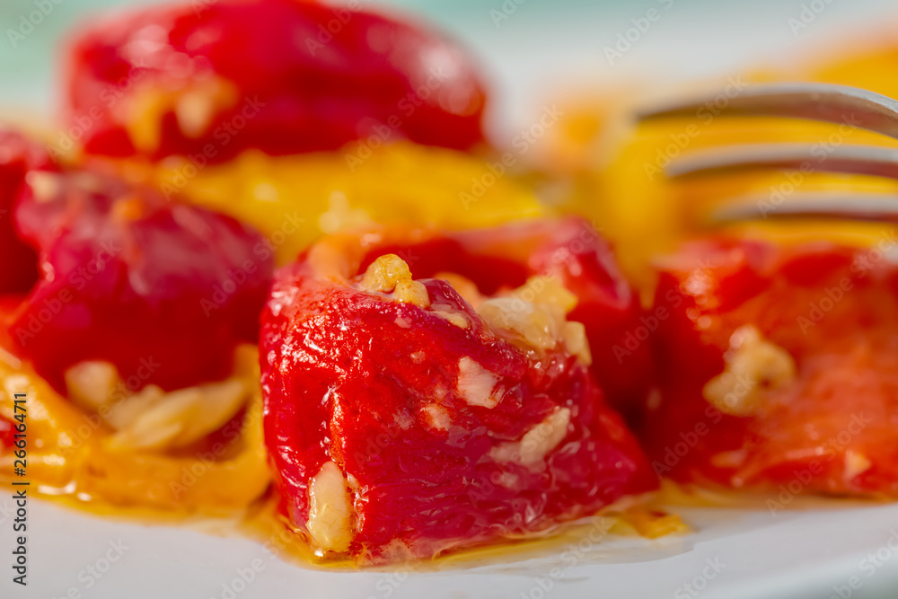 Cooked red yellow fried sweet peppers and a garlic on a white plate. Vegetarian food. Soft focus. Macro. Cooked red yellow fried sweet peppers and a garlic on a white plate. Vegetarian food. Soft focus. Macro.