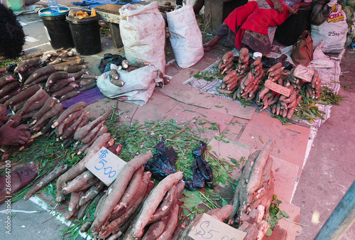 Root vegetables at an exotic street market in Fiji