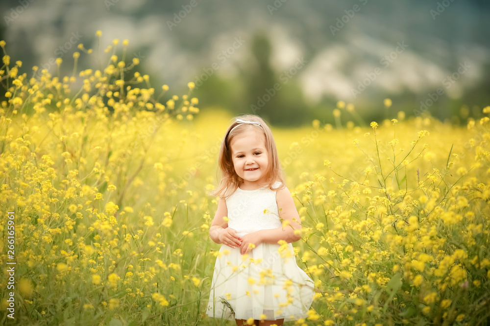 A Happy family: mother with young girl stand hand in hand on a green field against the background of coniferous forest and mountains. A Happy family: mother with young girl stand hand in hand on a green field against the background of coniferous forest and mountains.