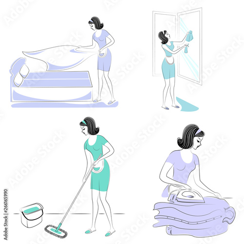 Collection. The girl washes the floor and the window in the room, makes the bed, ironing the shirt. A woman is a good wife and a neat housewife, a maid. Set of vector illustrations