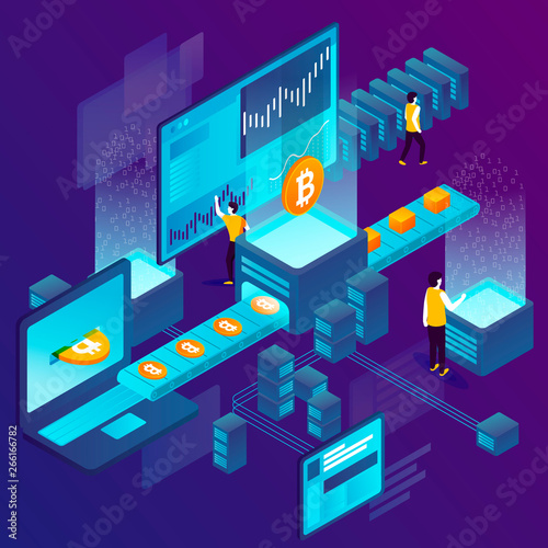 Vector concept illustration -  cryptocurrency mining process, transporter with bitcoins. Modern bright banner template with place for your text.