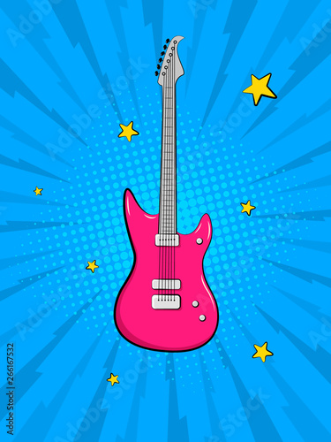 Pink bass guitar on a blue ray background. Vector illustration in pop art style