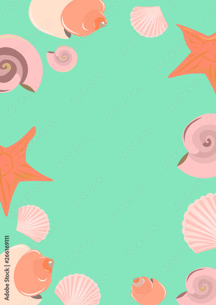 Summer card with seashells and starfish. Pink objects on a blue background. Summer card with seashells and starfish. Pink objects on a blue background.