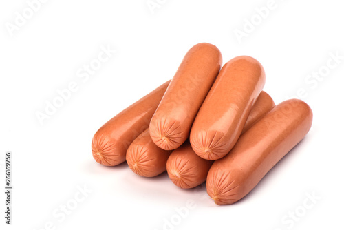Several fresh boiled sausages isolated on white background.