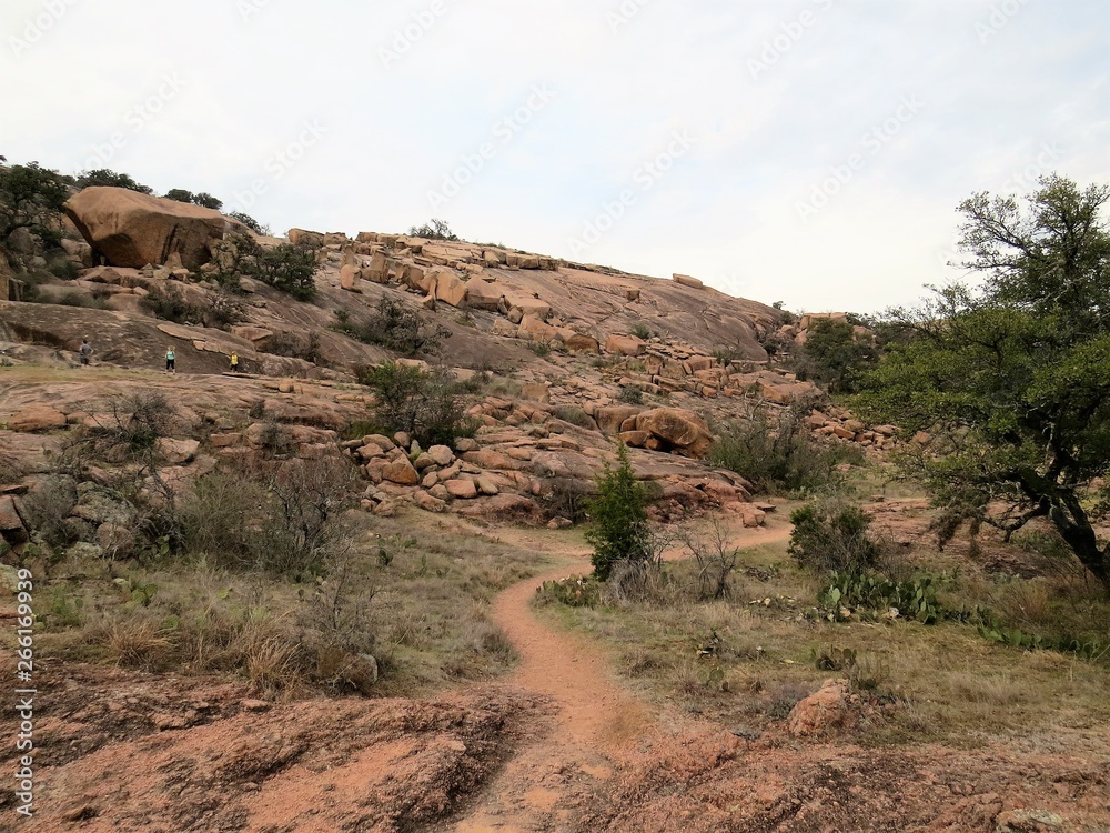 A rocky and desert like landscape at Enchanted Rock State Park in Texas.
