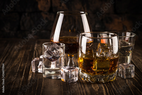 Strong alcohol drinks - whiskey, cognac, vodka, rum, tequila. 