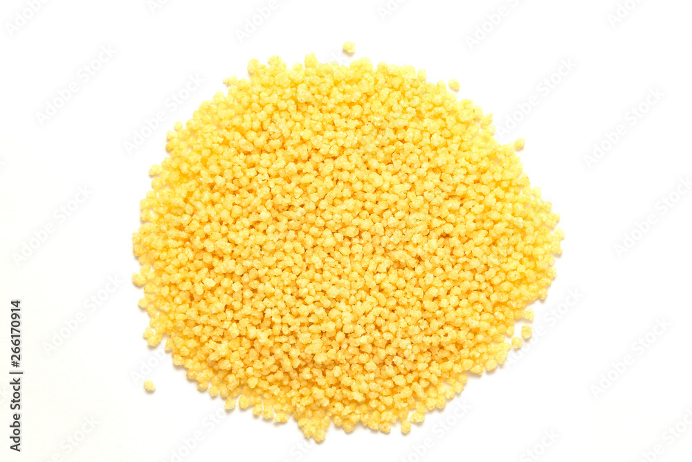 Heap of dry couscous isolated on white. Top view  