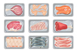 Fresh meat in packages set, supermarket box