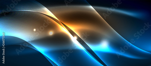 Glowing abstract wave on dark, shiny motion, magic space light. Techno abstract background