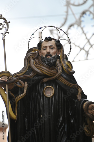 statue of Saint Domenico Abate with snakes during ritual of snakes in Cocullo, Italy