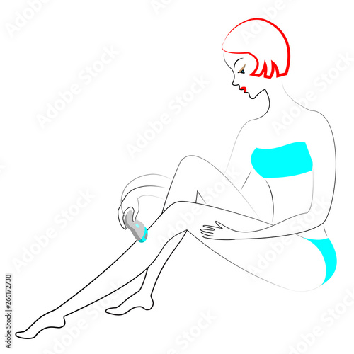 Profile of a beautiful lady. A girl makes a depilation of her legs by a epilator herself. Vector illustration