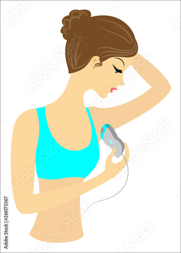 Profile of a beautiful lady. The girl makes depilation of the armpits with the epilator alone. Vector illustration