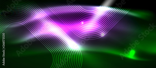 Dark background with neon glowing elements, shiny motion concept