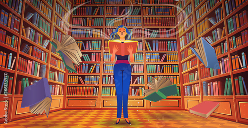 Library book shelves with a girl and flying books cartoon vector illustration.