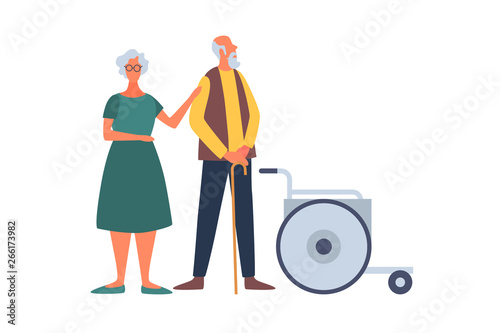 Elderly married couple and wheelchair. Help for the elderly and sick people. The concept of comfortable life in old age. People of old age in different situations. Vector flat illustration.