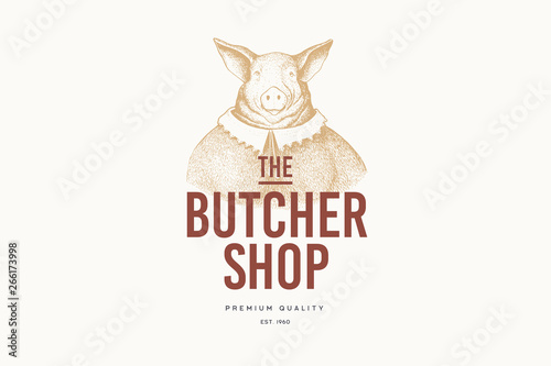 Vector image of a woman-pig in a dress in the technique of engraving and the inscription: "Butcher Shop" on light background. Template for logo, emblem in retro style. Premium quality meat products.