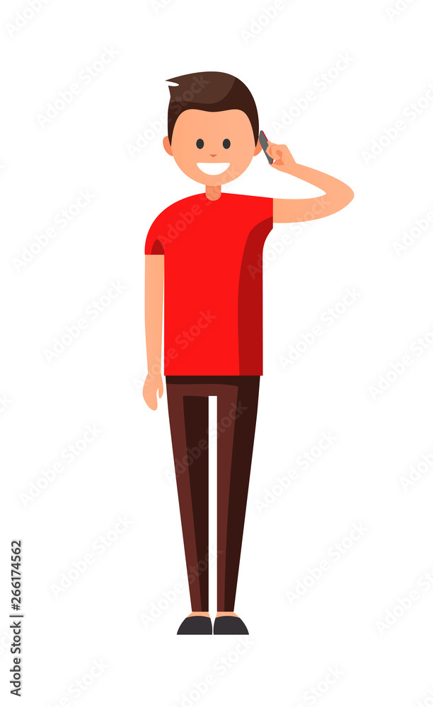Front view animated character. Designer character. Cartoon style, flat vector illustration of smiling boy with short hair in casual clothes. Standing man with hand up. Man talking on the phone. Front view animated character. Designer character. Cartoon style, flat vector illustration of smiling boy with short hair in casual clothes. Standing man with hand up. Man talking on the phone.