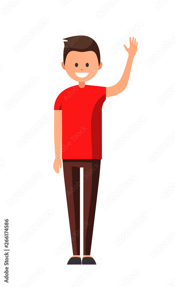 Front view animated character. Designer character. Cartoon style, flat vector illustration of smiling boy with short hair in casual clothes. Standing man with hand up. Greeting.