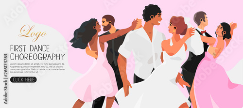 Vector illustration of a first dance choreography rehearsal of a young couple and their friends in a dancing studio. Dancing classes banner, flyer, landing page or blog post.