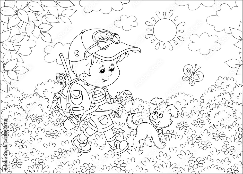 Little boy traveler with a backpack, a map, a compass and his small pup walking through a forest on a sunny summer day, black and white vector illustration in a cartoon style