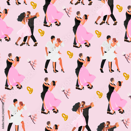 Seamless pattern with dancing couples on a wedding that can be used for wrapping  textile  wallpaper  fabric and other decor. Vector illustration of a bride and a groom first dance. 
