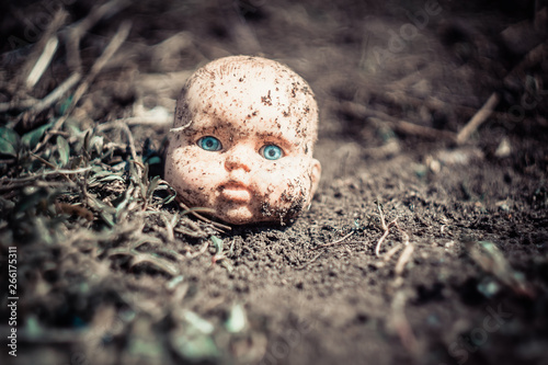 Children doll head with blue eyes lies on ground.