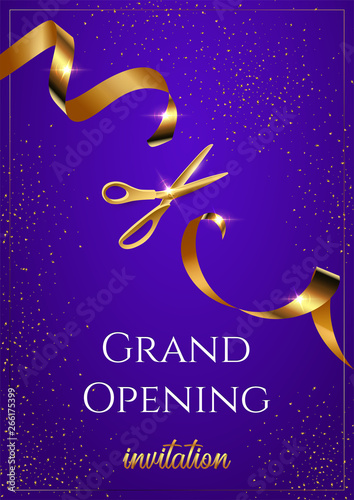 Grand opening invitation blue vertical vector banner. Shiny scissors cutting golden ribbon