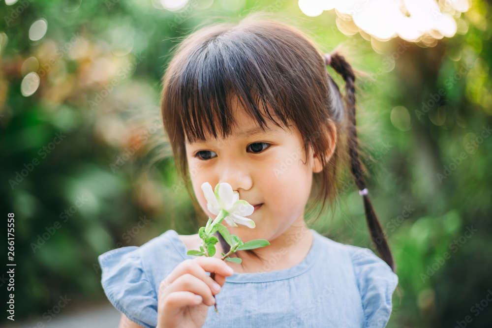 Smell sensory learning from flower. Cute Asian kid exploring natural environment through outdoor activity like play, touch and see the real things is the best method for education in children. Smell sensory learning from flower. Cute Asian kid exploring natural environment through outdoor activity like play, touch and see the real things is the best method for education in children.