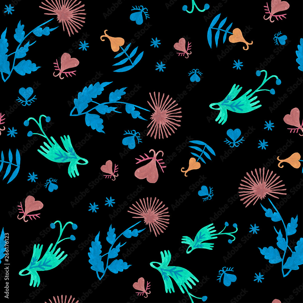 Fototapeta premium Floral pattern with green foliage and flower background. Seamless pattern for beauty and bath natural products. Botanical folklore hand-painted gouache illustration for creation of textile design.