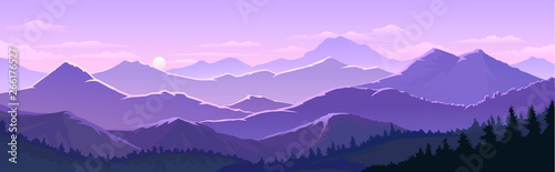 Violet skies and the vast mountain lands with trees, forests.