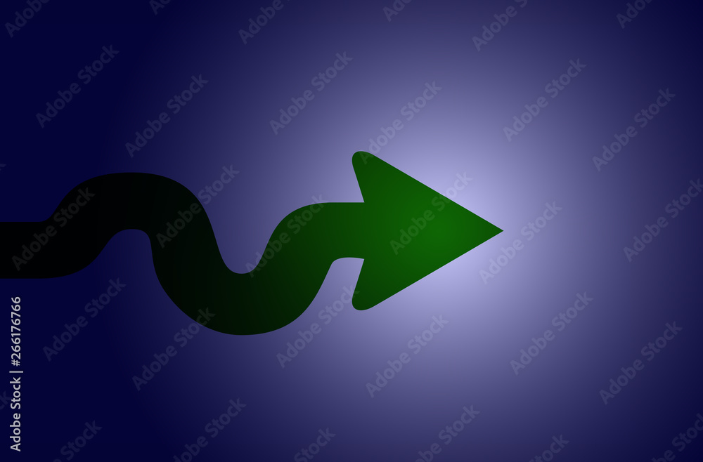 curved green arrow illuminated by light in blue shade curved green arrow illuminated by light in blue shade