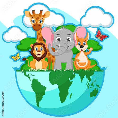 Planet earth with wild animals. World environment day.