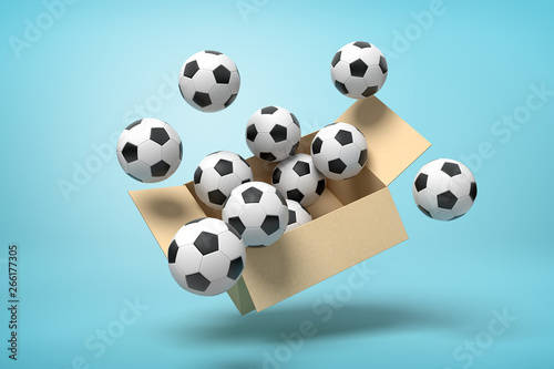 3d rendering of cardboard box full of footballs in mid-air on light-blue background.